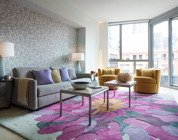 A condo's living room features a white ceiling and walls next to a full-height window wall, and an inset feature wallpaper in a grey floral pattern. In front of that, at the left of the image, is a grey sofa dressed with multiple purple and yellow throw pillows plus a yellow blanket hanging over the closest arm, with two grey table lamps atop side tables either end of the sofa. A pair of small coffee tables sit atop a brightly colored huge azalea area rug in purple, pink, lilac, and grey, with a pair of yellow slipper chairs at the back, in front of the window wall. Light is streaming in.