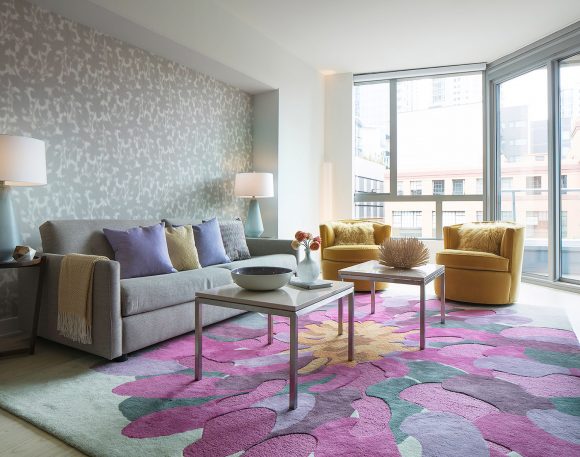 A San Francisco condo living room with grey patterned wallpaper to the left, and large floor to ceiling windows to the right. In front of the windows sit a pair of mustard-yellow tub chairs, and two square coffee tables dressed with bowls and vases. To the right, a long grey sofa dressed with purple and yellow pillows, and a yellow blanket is hung over one arm. A pair of white lampshades with blue glass lamps flank the sofa. The rug is the centerpiece of the room, being shaped and colored like a huge lilac, purple and fuschia flower with a yellow center.