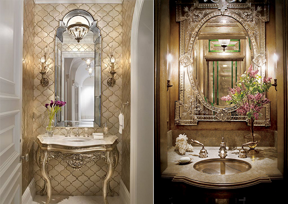 Two photos side by side. Left photo shows a French style sink and mirror with cabriole legs on a marbled sink and gold patterned tiling on the main wall. Right photo shows a Victorian-style etched mirror above a gold faucet and taps and a tan marbled sink counter surface. Both images feature a purple flower to counterpoint the gold colors.