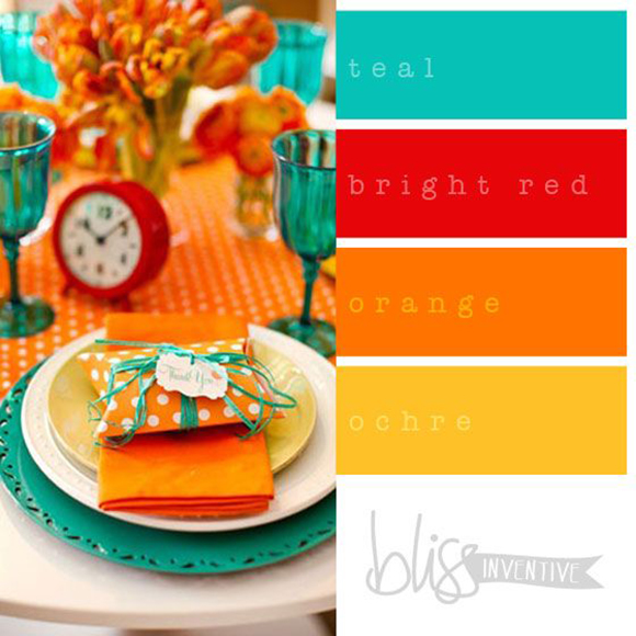 On the left, an image of a colorful table place setting with a teal plate stacked under a white plate under a yellow plate, with an orange folded napkin and a teal drinking glass. On top of the plate stack sits a small orange and white polka-dotted package wrapped with a teal bow. A red clock next to several orange and yellow flower arrangements sit atop an orange tablecloth with white polka dots, matching the gift package. ON the right are 4 squares showing the main colors in the design, labeled teal, bright red, orange, and ochre.