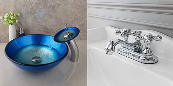 2 photos side-by-side. On the left, a blue round glass vessel sink with  round faucet that looks like a mushroom pouring into the sink. On the right, a centerset faucet with 2 knobs and a center spigot very close together.