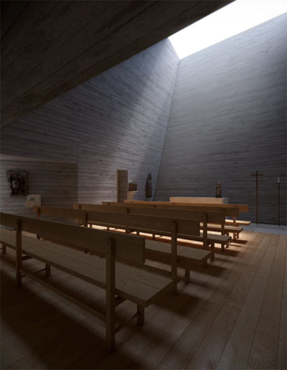 Plain long bench seats with backs face toward the front of a small chapel built from concrete, finished with a textural brick-like feeling. The top forward end of the space is open to the sky, allowing light to stream in onto the benches.