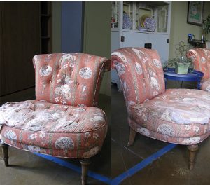 2 views of coral-colored patterned slipper chairs with ripped fabric and stuffing coming out.