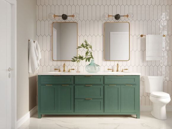 A green wooden double-sink vanity sits below a pair of matching mirrors and double sconce lights with brass fixtures, and tall heptagonal tiles on the wall. A white toilet sits to the right.