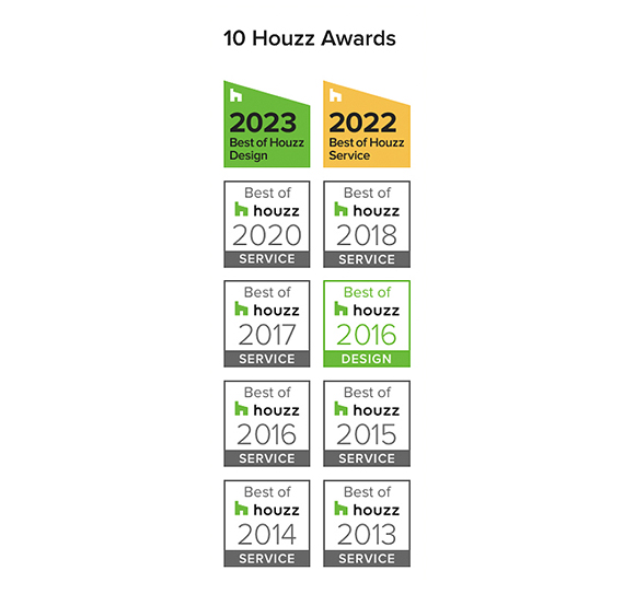 Two tall rows of Houzz awards won by Kimball Starr Interior Design. Starting at the bottom in 2013, 2014, 2015, 2016 for Best in Service. Also in 2016, Best in Design. 

2017, 2018, 2020, and 2022 were Best in Service. 

The newest award is 2023 Best of Houzz Design, a box in green with the top trimmed to resemble a slanted roof. The 2022 Best in Service award looks the same but in yellow.