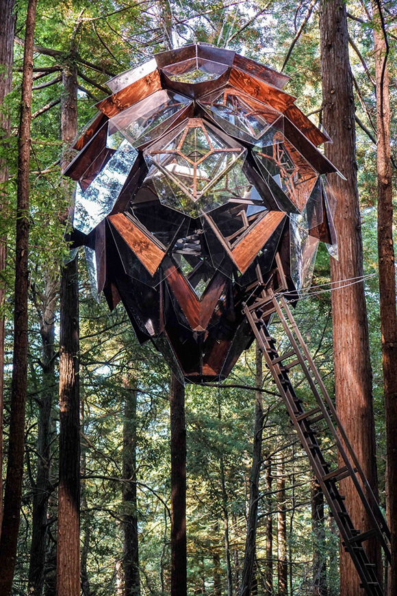 A spectacular pinecone-shaped treehouse formed out of metal, wood, and glass, with a ladder extending to it, hangs suspended in a redwood forest.
