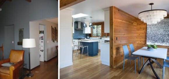 Left photo: A warm leather recliner sits with its back to the corner entrance to the kitchen. Wooden beams are just visible at the ceiling. Right photo: Standing at the corner of the dining room, clad in warm wood wall planks with a circular tiered glass chandelier above a white and dark wood modern dining table and blue chairs. On the left is the kitchen in blue and white, a wide open space flanked by white cabinetry and the blue painted island in the center.