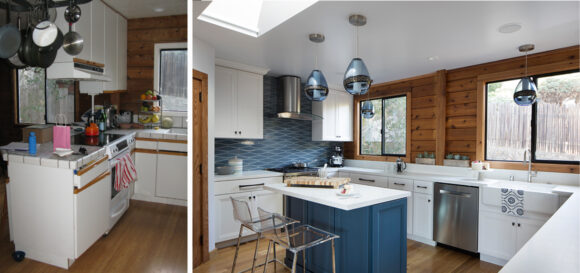 Left photo: Two pairs of windows are visible on the wall, while a tile-topped kitchen peninsula sticks out under a row of white cabinets, with many items on the surfaces. Right photo:  Kitchen in blue and white, a wide open space flanked by white cabinetry and white countertops, warm wood on the far wall, and the blue painted island in the center. Blue glass pendant lamps hang above the island and kitchen sink.
