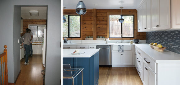 Left photo: Looking into the kitchen at the sink in front of a pair of windows, limited by sheetrock walls as you enter the kitchen. Right photo: Open kitchen entrance showing the sink and windows directly ahead of you, plus a blue kitchen island with white marble countertops on the left, and matching backsplash tiling on the walls to the right. Warm wood-clad walls face you, and blue glass pendant lights hang above the sink and island.