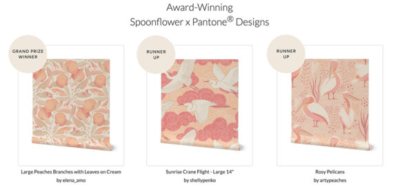 3 square examples of the winning fabric designs from Spoonflower and Pantone.

On the left, the Grand Prize Winner, "Large Peaches Branches with Leaves on Cream by Elana Amo."

In the center, Runner Up, "Sunrise Crane Flight - Large 14 by Shelly Penko" featuring large white birds in front of pink clouds against a peach sky.

On the right, Runner Up, "Rosy Pelicans by artypeaches" shows multiple large white and pink birds standing between pink plants and reddish pink textural dappled dirt.