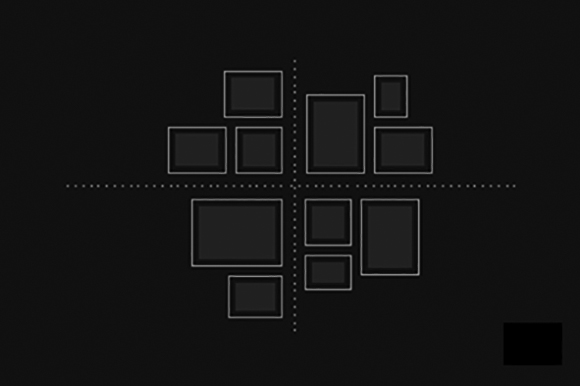 A black background with white frame outlines arranged in a 4 area grid pattern. Dotted lines run up the center horizontally and vertically, and within each section there are 2-3 frames lined up so that they're even along the dotted lines and staggered along the outer edges, based on their different sizing.