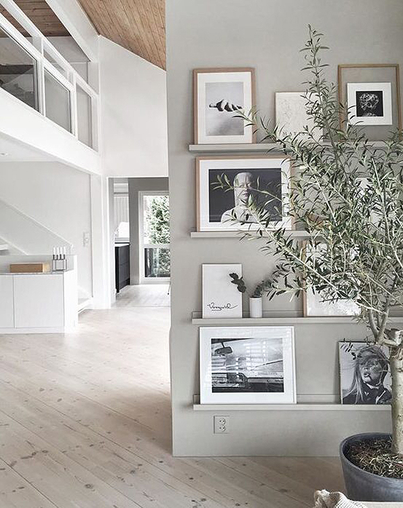 A grey wall with multiple photo ledges holding mismatched framed black and white photos with white matting and one with grey matting under white matting. An indoor tree is partially blocking the view of the frames. 

To the left is a walkway showing stairs and a glass loft wall overlooking the rest of the space. Beyond is a doorway with greenery outside. A tiny peek of angled wooden ceiling is viewable at the top near the loft wall. Pale knotty wood flooring runs throughout the space.