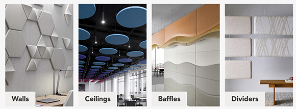 4 types of sound reduction fixtures. Walls, ceilings, baffles, dividers.