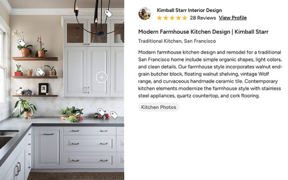 On the left, a photo of a modern farmhouse kitchen with white cabinetry upper and lower, grey countertops, and wood open shelving dressed with herbs in small pots. The black circular pendant light, potted plants, and vegetables have white tags so you can shop the items on Houzz.com.
