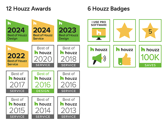 Multiple awards from Houzz.com, including Best of Houzz Service 2013, 2014, 2015, 2016, 2017, 2018, 2020, 2022, 2023, and 2024, plus Best of Houzz Design 2016, 2023, and 2024. 6 more Houzz Badges including I Use Pro Software, 5 star reviews, likes, shares, and 100k saves.