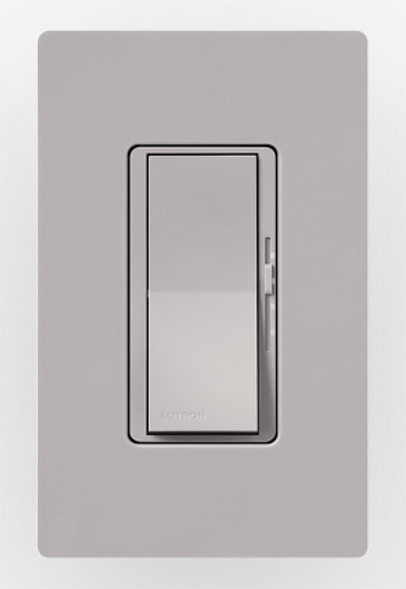 An almond-covered rocker light switch by Lutron with a dimmer slide on the right side.