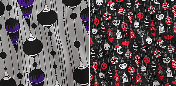 Two images of Spoonflower fabrics side-by-side. On the left, a silvery background with black and purple ornaments hanging on beaded strands at a slight left angle. On the right, on a black background, multiple ornaments hang on grey strands in white, red, and grey including skulls, jack-o-lanterns, candy canes with skulls on them, red and black bats, vampire faces, scary moons with Santa hats, Christmas trees in red with skull decorations, and white headstones with crosses at the top.